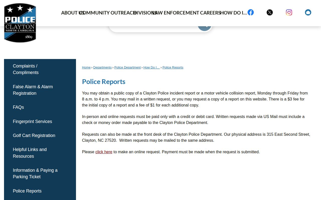 Clayton Police records page for Johnston County arrest records