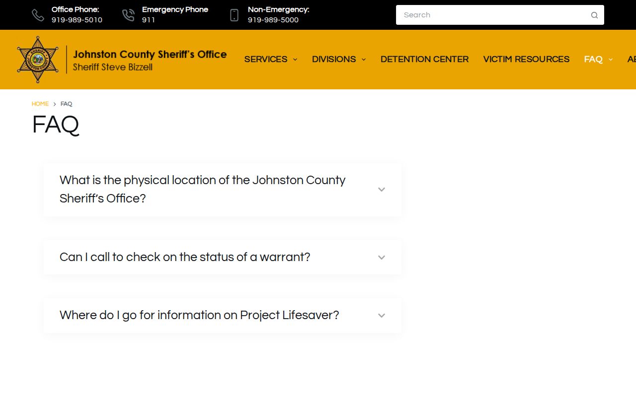 Johnston County Sheriff FAQ and warrant information