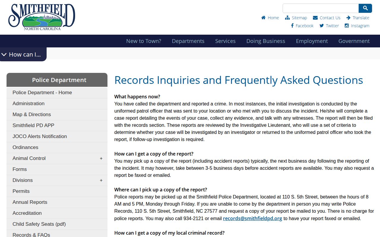 Smithfield Police records page for Johnston County arrest records
